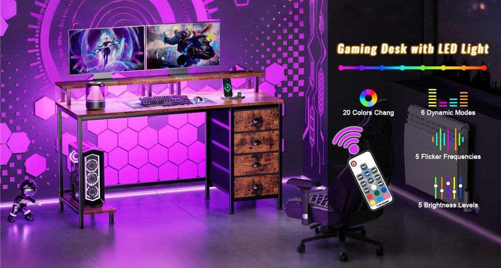 LED Computer Desk with 4 Drawers and Dual-Sided Monitor Stand