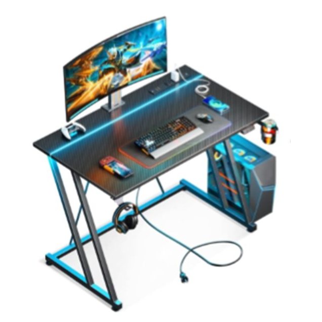 LED Gaming Desk with Z-Shaped Legs and Carbon Fiber Texture