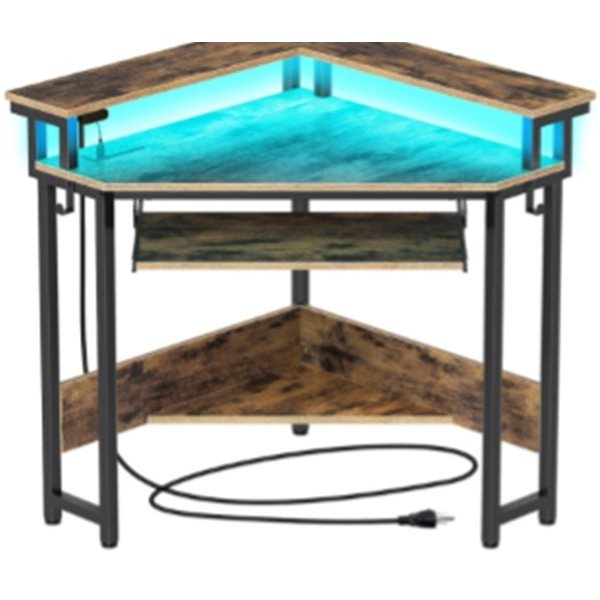 LED Corner Computer Desk with Keyboard Tray and Monitor Shelf