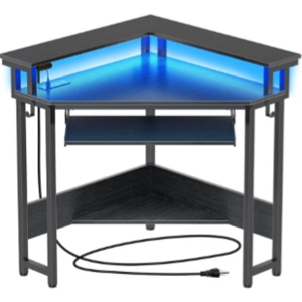 LED Corner Computer Desk with Keyboard Tray and Monitor Shelf