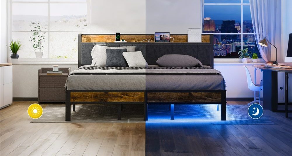RGB LED Metal Bed Frame with Charging Station Headboard