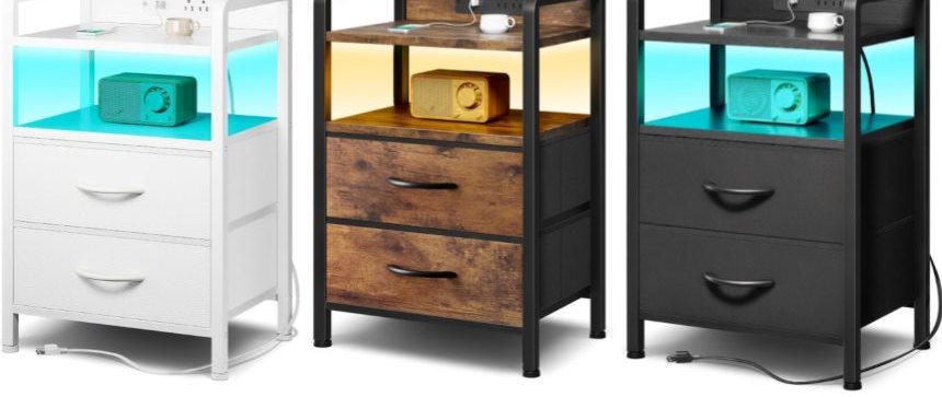 LED Nightstand with 2 Drawers and Charging Station