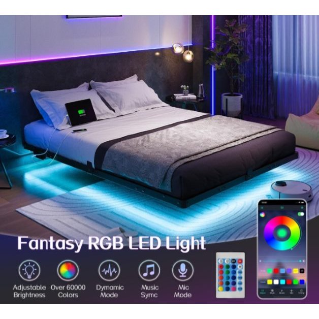 RGB LED Floating Bed Frame with Charging Station