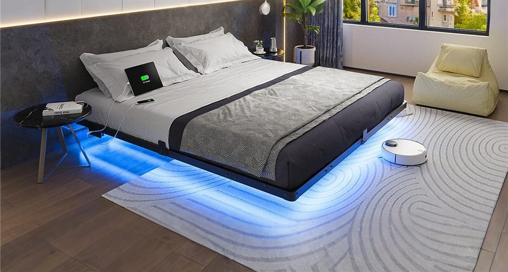 RGB LED Floating Bed Frame with Charging Station