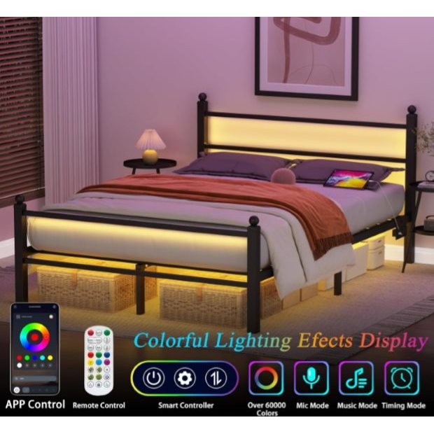 LED Metal Bed Frame with Lighted Headboard and USB Charging