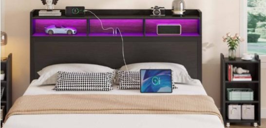 LED Bed Frame with Bookcase Headboard and Pull-Out Storage Cabinets