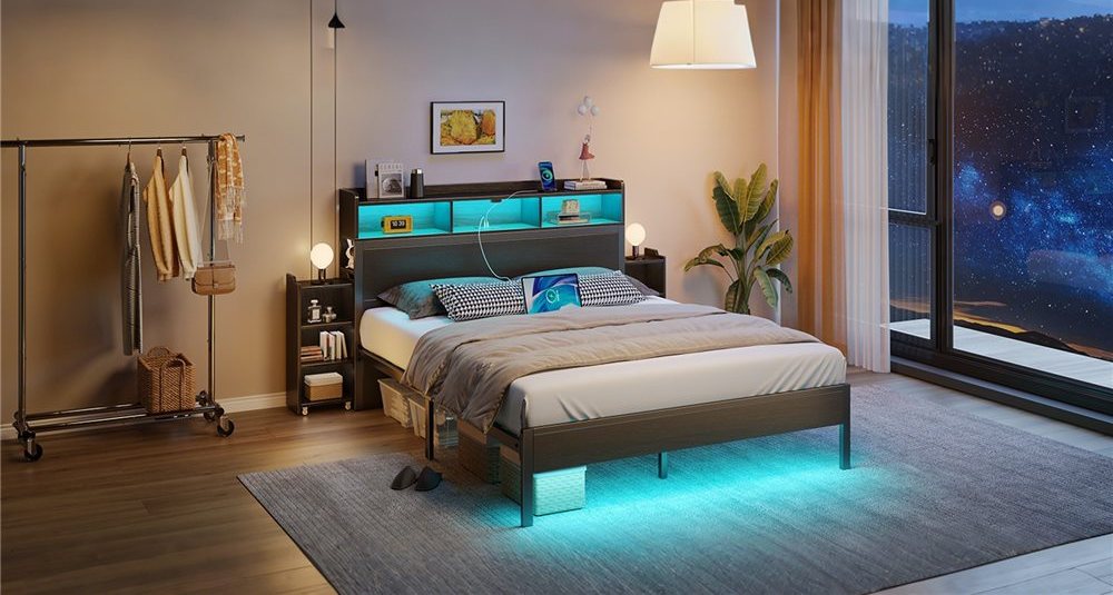LED Bed Frame with Bookcase Headboard and Pull-Out Storage Cabinets