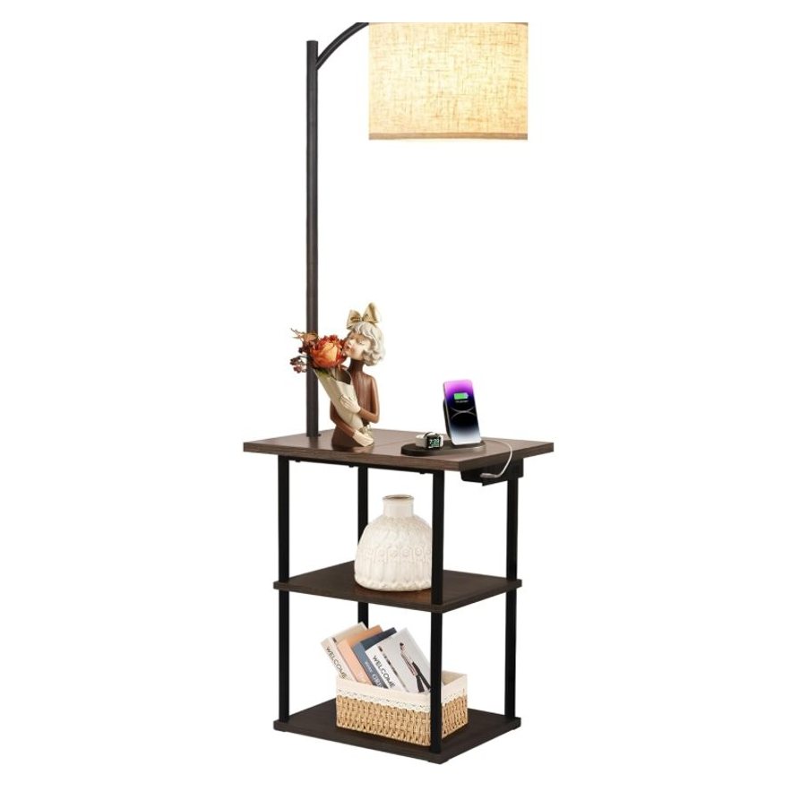 Floor Lamp End Table with Shelves, USB & Type-C Charging