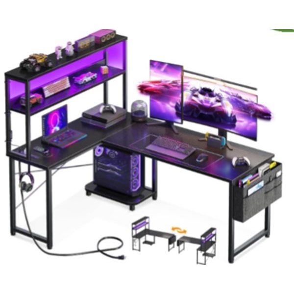 LED L-Shaped Computer Desk / Gaming Desk with Hutch