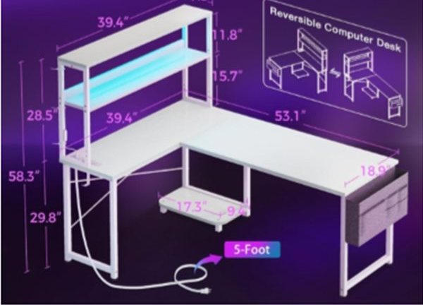 LED L-Shaped Computer Desk / Gaming Desk with Hutch