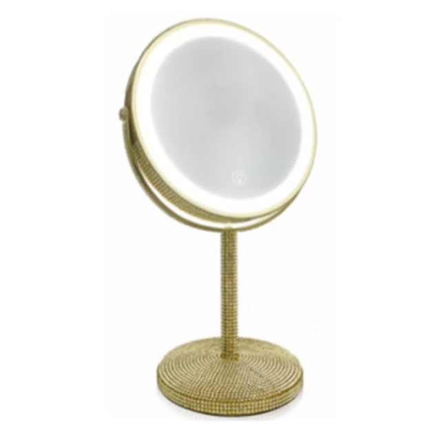 LED Double-Sided Tabletop Makeup Mirror (8-inch, Gold with Rhinestones)