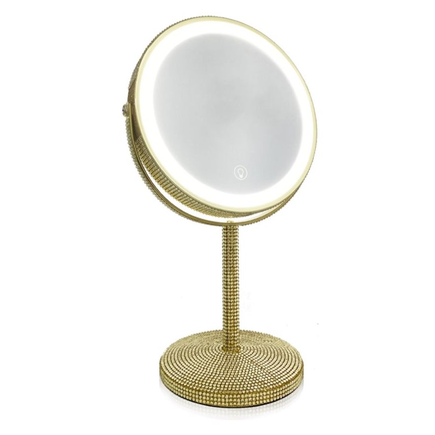 LED Double-Sided Tabletop Makeup Mirror (8-inch, Gold with Rhinestones)