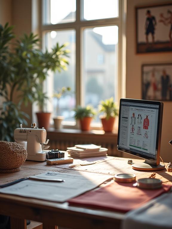 Intérieur d'un atelier parisien moderne et lumineux, mêlant outils de couture traditionnels et écrans de données.