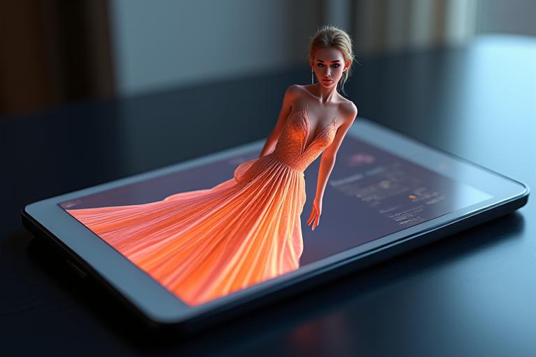 Tablette affichant un avatar 3D portant une robe de haute couture.