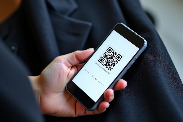 Smartphone scannant un QR code sur l'étiquette d'un vêtement de luxe.